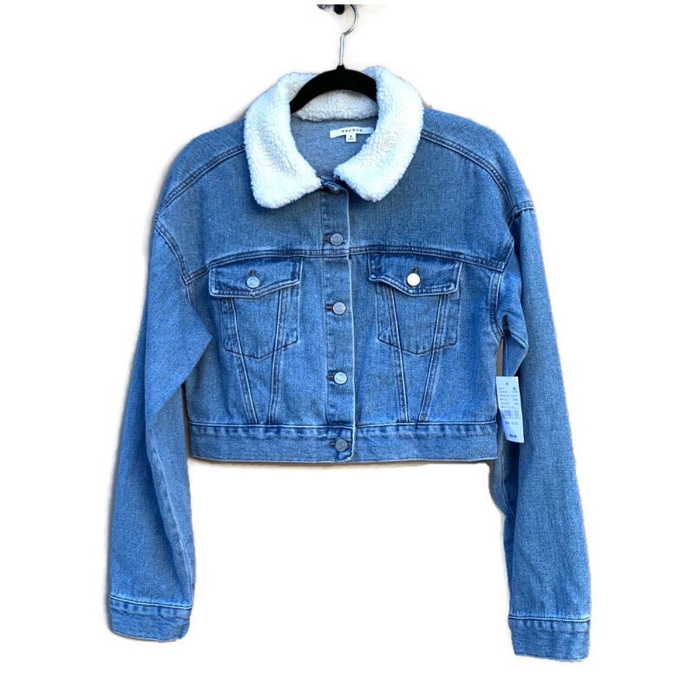PacSun Faux Fur Sherpa Collar Cropped Denim Trucker Jacket NWT Small